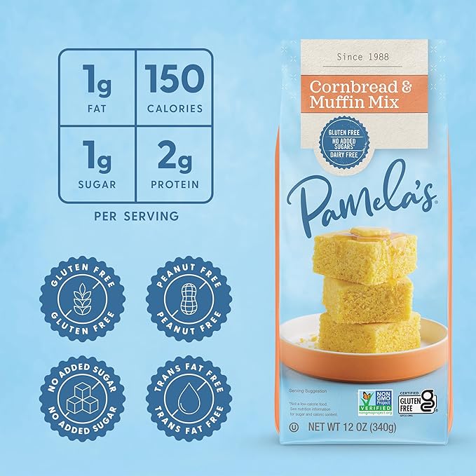 Pamela's Gluten Free Cornbread & Muffin Mix, Organic Corn, 12 Ounce Bag (Pack of 6)