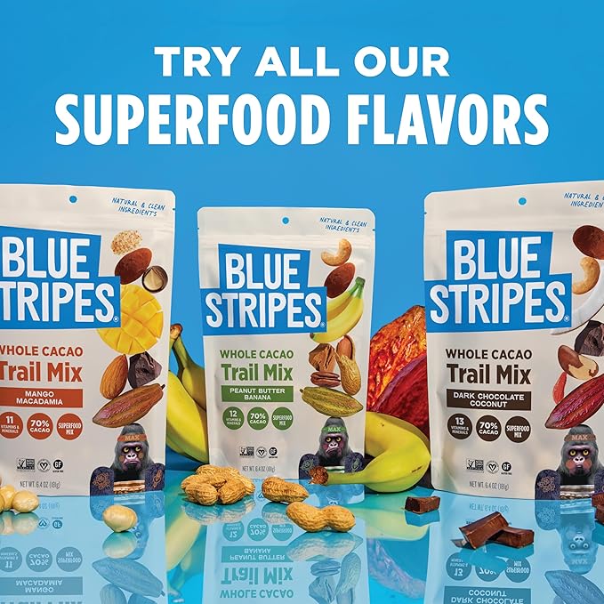 Blue Stripes - Trail Mix, 70% Chocolate Chips, Almonds, Macadamia Nuts, Mango, Healthy Snacks for Adults, Whole 70% Cacao, With Unrefined Sugar, Non GMO, Gluten Free, Vegan, 8 oz