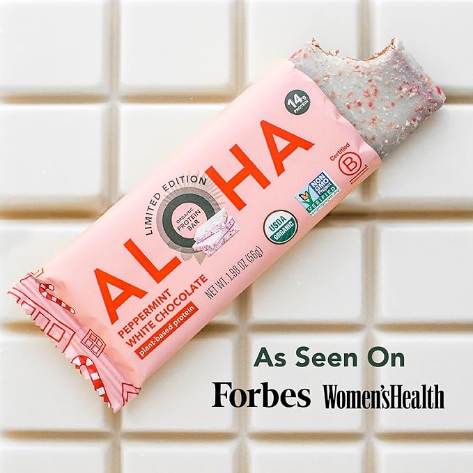 ALOHA Organic Plant Based Protein Bars - Peppermint White Chocolate, Vegan, Low Sugar, Gluten-Free, Paleo, Low Carb, Non-GMO, No Stevia, No Erythritol - LIMITED EDITION, 12 Count (Pack of 1)