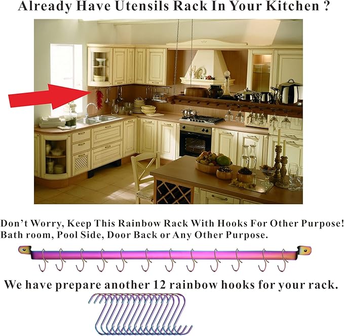 Rainbow Cooking Utensils Set, Kyraton Stainless Steel 37 Pieces Kitchen Utensils Set with Titanium Colorful Plating, Kitchen Tool Gadgets Set with Utensil Rack Heat Resistant Dishwasher Safe