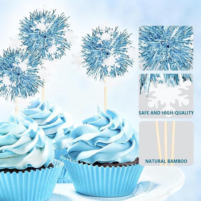 24Pcs Frozen Cupcake Toppers, Snowflake Foil Firework Cupcake Toppers Tinsel Drink Picks Let it Snow Winter Supplies Favor