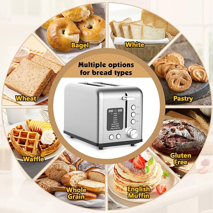 2-Slice Stainless Steel Toaster with Single Slice Function, 8 Bread Types & 6 Browning Levels, Timer Count-down Display, Defrost, Reheat and Cancel Setting with LED Lighting, Extra Lifting, 825W