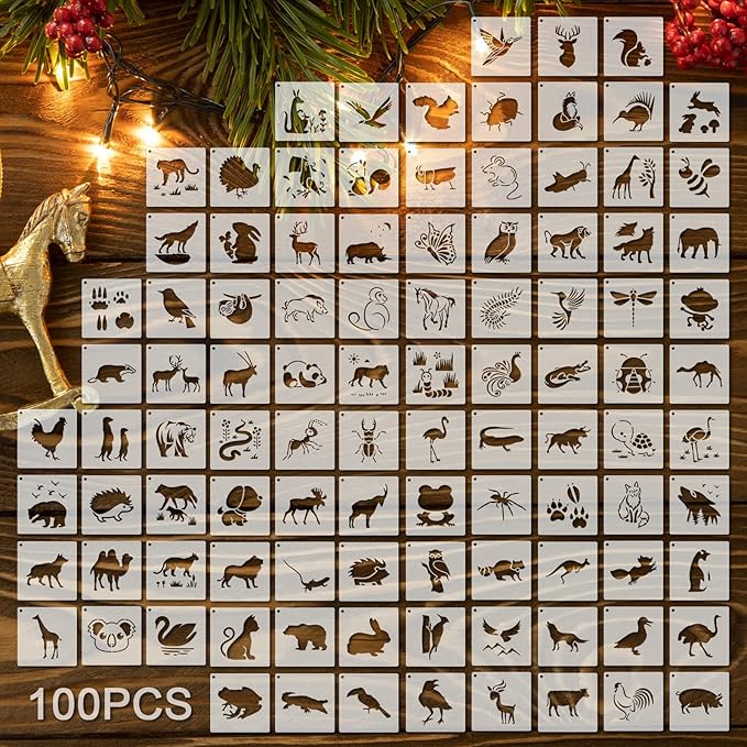 100 Pcs Stencils for Painting on Wood Reusable Stencil Crafts Drawing Templates Holiday Wall Paper for DIY Scrapbook Home 2 x 2 Inch(Animals)