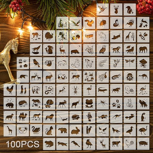100 Pcs Stencils for Painting on Wood Reusable Stencil Crafts Drawing Templates Holiday Wall Paper for DIY Scrapbook Home 2 x 2 Inch(Animals)