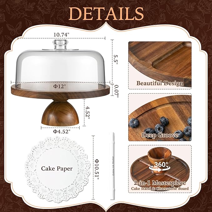 Acacia Wood Cake Stand with Lid,12in Round Acrylic Cake Stand with Dome,2-In-1 Reversible Charcuterie Board with Lid,Large Wooden Baked Goods Display Holder,Perpare For Dessert,Cheese,Chips,Cookie