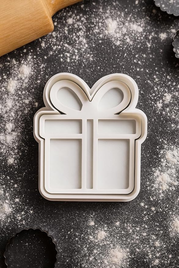 Christmas Gift Cookie Cutter and Stamp Set - 3.5" Gift Box Shape for Cookies, Fondant, Clay - Holiday Birthday Gift Baking Mold Present