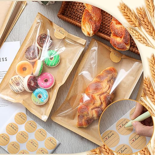 Outus 100 Pcs Cookie Packaging Bags with Seal, 6 x 10 Inch Bakery Pastry Bags with Window, Heat Sealable Grease Resistant Paper to Go Bake Sleeves for Gift Giving Donut Bread Sandwich (Brown)