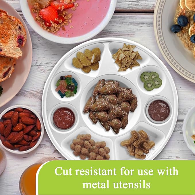 three leaf 9 Compartment Bagasse Round Plate, 25 Ct. Heavy-Duty- Super Strong- Natural- Eco-Friendly Disposable Bagasse Plates, 100% Biodegradable