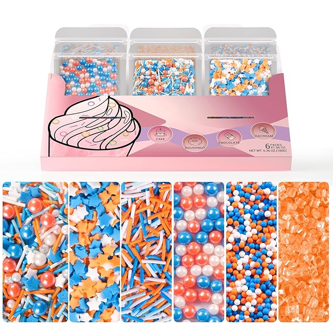HUEBEATY 6-in-1 Sprinkles for Cake Decorating – 180g Blue and Orange Sprinkles Mix with Jimmies, Nonpareils, Stars, Pearls & Sugar Crystal – Edible Cakes, Cupcakes, Cookies & Ice Cream Topper Decorations for Birthday Parties