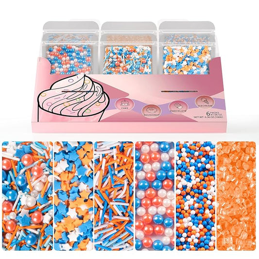 HUEBEATY 6-in-1 Sprinkles for Cake Decorating – 180g Blue and Orange Sprinkles Mix with Jimmies, Nonpareils, Stars, Pearls & Sugar Crystal – Edible Cakes, Cupcakes, Cookies & Ice Cream Topper Decorations for Birthday Parties