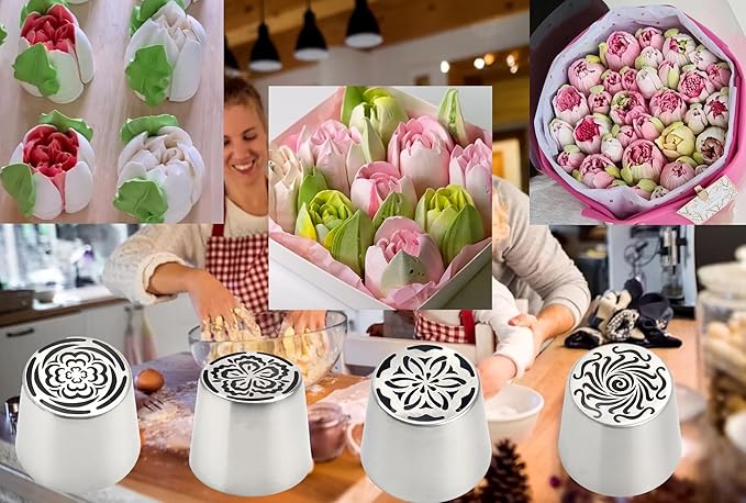 Russian Piping Tips Set 2PCS Stainless Steel Cake Decorating Kit for 3D Flowers Roses Extra Large Icing Nozzles Flower Tips Baker Tools for Wedding Birthday Cakes Cupcakes Cookies (Silver A-2)