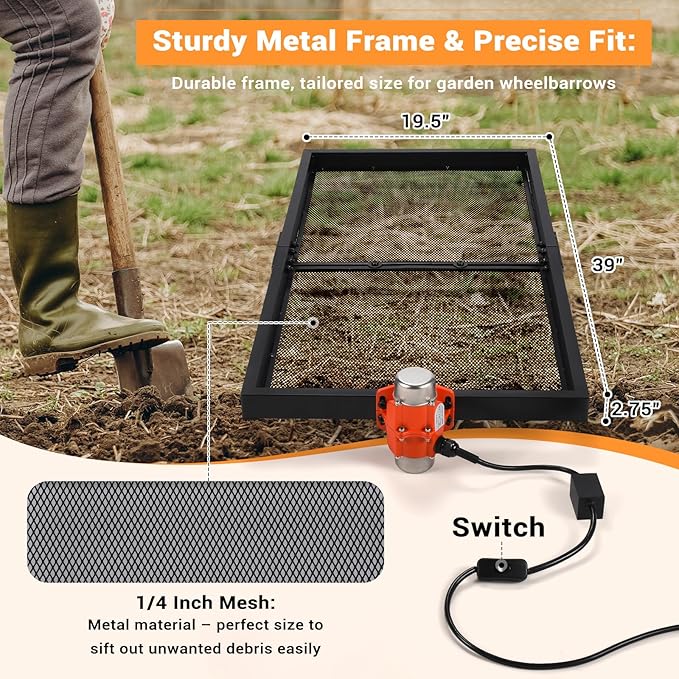 CAROD Soil Sifter with 30W Vibration Motor, Garden Metal Sifter for Rocks with Switch, Automatic 39" x 19.5" Large Compost Screen Sieve for Sand, Rocks - Idea for Most Wheelbarrow Carts (Not Included)