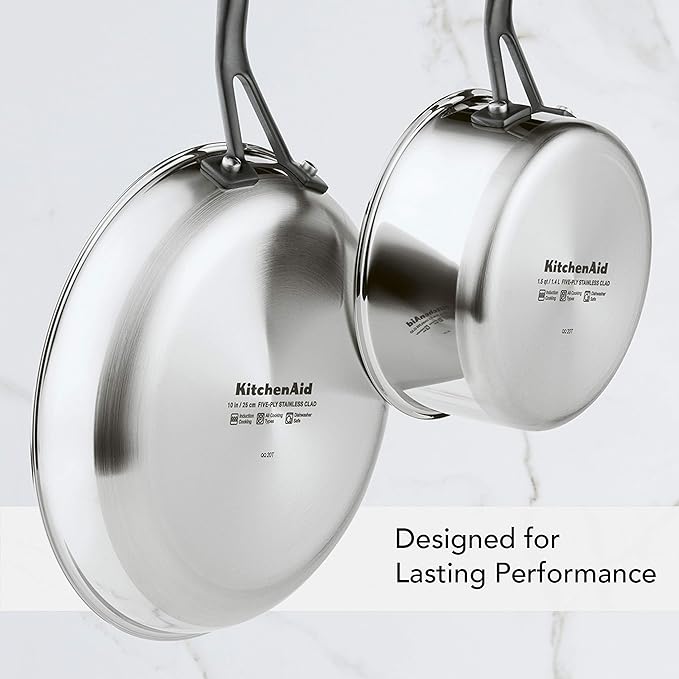 KitchenAid 5-Ply Clad Polished Stainless Steel Cookware Pots and Pans Set, 10 Piece