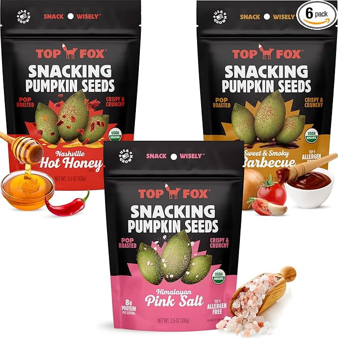 Top Fox Snacks Pumpkin Seeds to Eat Variety (Himalayan Salt, Sweet & Smoky Barbecue, Nashville Hot Honey, 3.5 oz, Pack of 6) - Gluten Free, Protein Snacks, Keto Snacks, Vegan Organic Pop-Roasted
