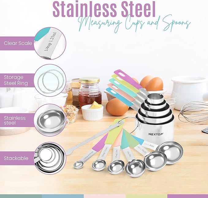 Nextop 14-Piece Stainless Steel Measuring Cups and Measuring Spoons Set with All Stackable Sizes and Leveler for Dry Ingredients, Complete Set for Kitchen & Baking Measuring Tools (Purple Set)