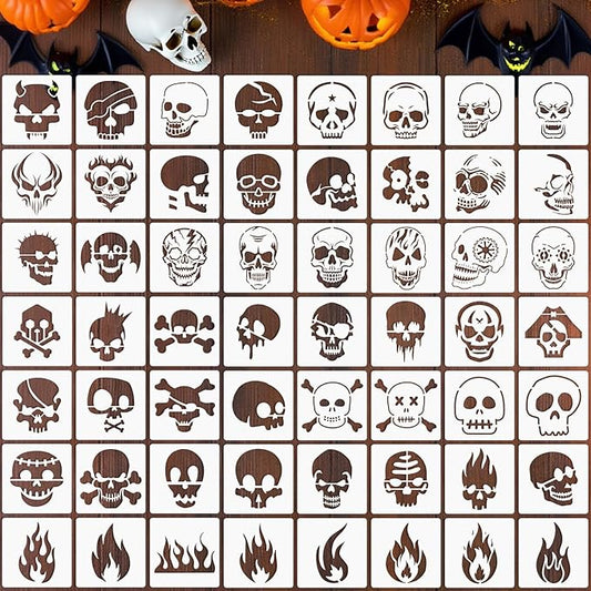 Augshy 56 Pack Skulll Stencils, 3 Inch Reusable Halloween Small Skulls Stencil for Painting on Wood Ornaments Slice DIY Crafts Fabrics Window Halloween Thanksgiving Autumn Decoration