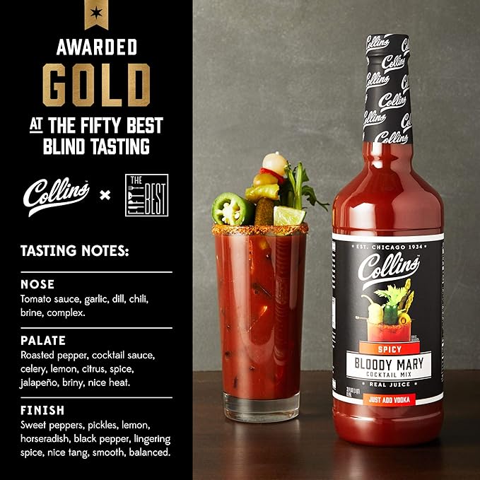 Collins Spicy Bloody Mary Mix, Made With Tomato, Garlic, Worcestershire, Horseradish, Cayenne and Other Spices, Brunch Cocktail Recipe, Bartender Mixer, Drinking Gifts, Home Cocktail bar, 32 fl oz