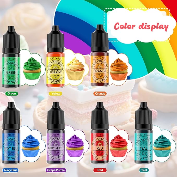 Cherrysea Food Coloring for Cake Decorating Rainbow Edible Food Dye for Halloween Baking Royal Icing Cookie Supplies Gluten Free 7x12ml Food Grade Liquid Food Color Kit, 0.4 Fl. Oz/Bottles