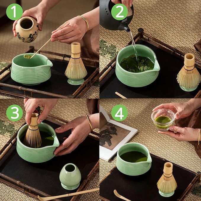 Matcha Whisk Set, Green Matcha Kit with Bowl, Whisk, Bamboo Scoop, Scoop Rest, Sifter - 5 Pcs Kit for Lover