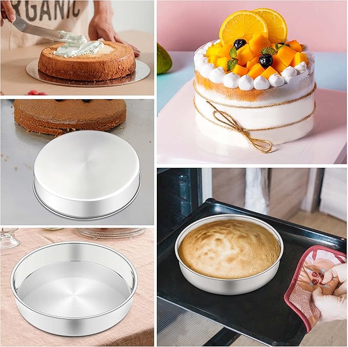 Herogo 8 Inch Round Cake Pan Set of 3, Stainless Steel Nonstick Layer Tier Birthday Wedding Cake Pans, Fit Oven Pots Pressure Cooker, Mirror Finish, Dishwasher Safe