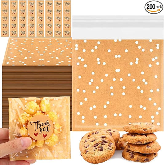 Self Adhesive Cookie Bags Cellophane Polka Dot Treat Bags Small Plastic with Thank You Stickers for Party Gift Giving Bakery Biscuit Candy Pastry(5.6 x 5.6 Inch,Small Dot,200 Pcs)