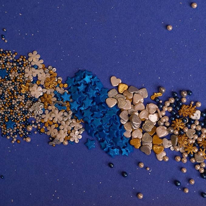 Confect Christmas Sprinkles | Blue, White, Gold & Silver Mix | Edible Pearl, Star & Heart Shaped Sprinkles | Holiday Cake & Cupcake Decorations- 5 Oz