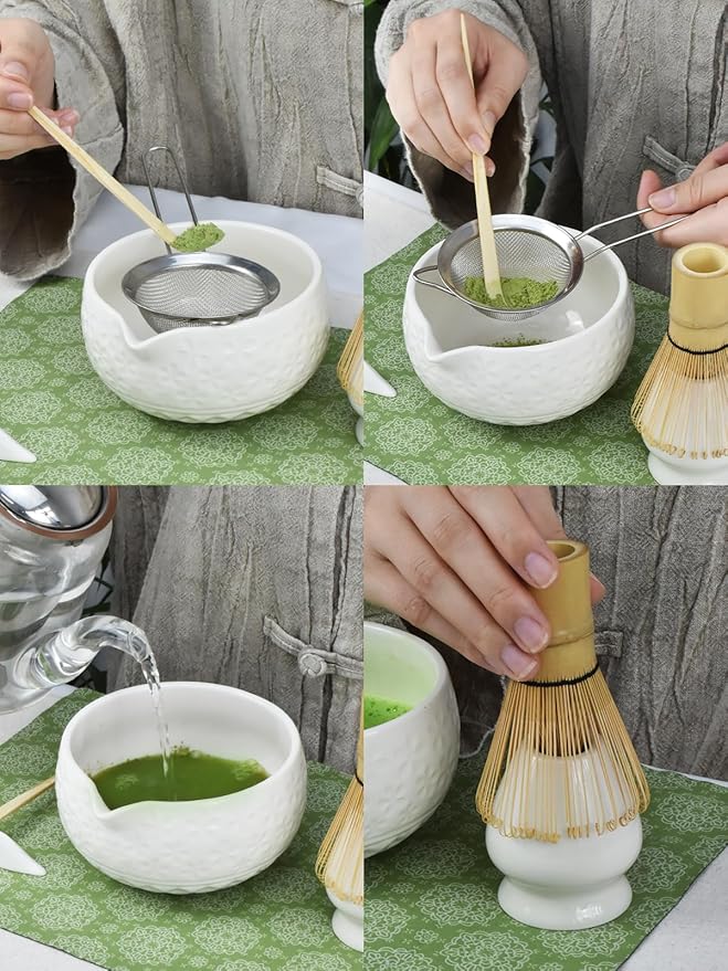 Artcome Matcha Tea Set – Green Sakura Embossed Ceramic Bowl 17oz with Bamboo Whisk, Whisk Holder, Strainer, Scoop, Tea Spoon, Cloth – Traditional Japanese Matcha Kit for Daily Use & Gift Giving