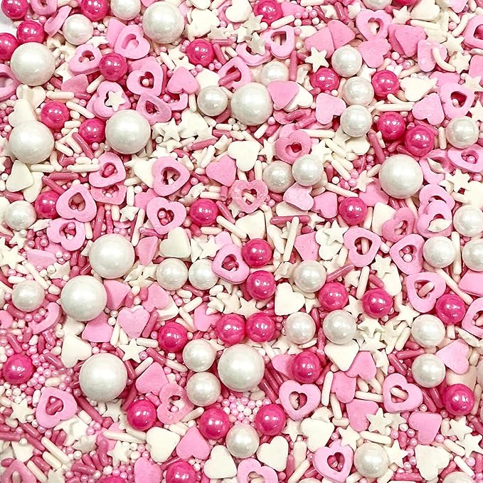 Valentines Sprinkles for Cake Decorating,Edible Pink White Pearl Confetti Jimmies Heart Sprinkles 100g/3.5oz Baking Ice Cream Cupcakes Wedding Party Valentines Christmas Supplies