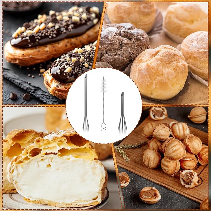 3 Pcs Cream Icing Piping Nozzle Tips,Stainless Steel Long Cream Nozzle Decor,Small Pastry Icing Piping Decorating Tools + Decorating Cleaning Brush for Decoratings Cake and Filling Pastry