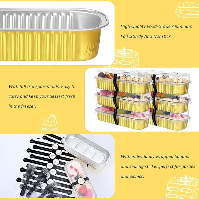 Mini Loaf Pans with Lids and Spoons (100 Pack, Gold, 6.8oz) Rectangular Aluminum Foil Baking Pans