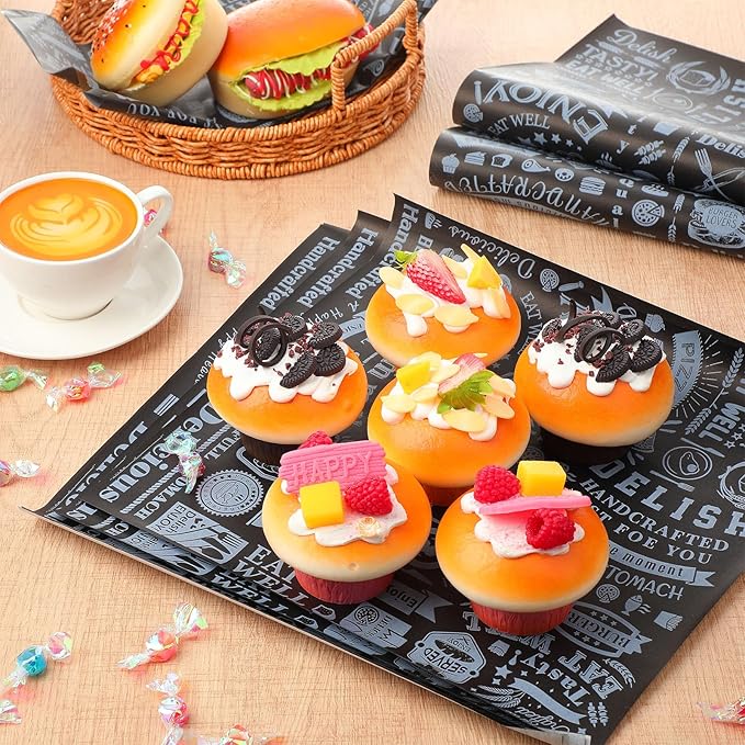 Marspark 400 Pcs Deli Wax Paper Sheets 12 x 12 Inches Square Grease Resistant Tray Basket Liners Hot Dog Wrappers Newsprint Water and Grease Proof Sandwich Wrapping Paper for Food Baking (Black White)