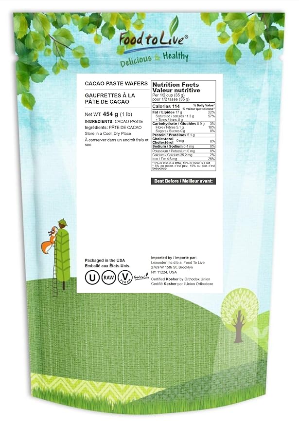 Food to Live Cacao Paste Wafers, 1 Pound - Premium Raw Cacao Liquor, Pure, Unsweetened, Vegan, Bulk. Rich in Antioxidants, Essential Minerals. Perfect for Homemade Desserts, Chocolate Bars
