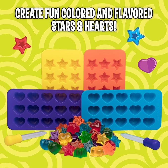 Star & Heart Silicone Candy Molds 4 Pack with 2 Droppers- Nonstick Gummy, Chocolate, Ice Cube & Baking Molds- BPA-Free Trays for Holiday Treats, Fall Crafts, Birthday Party Favors & DIY Gifts for Kids