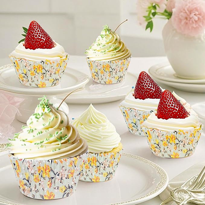 Floral Standard Cupcake Liners 400 Count Paper Baking Cups Food Grade Disposable Cupcake Wrappers, Green