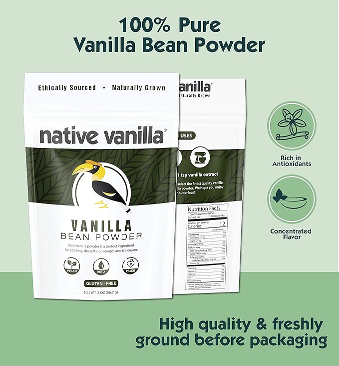 Vanilla Bean Powder - 4 oz - Premium 100% Pure Ground Tahitian Vanilla Bean Powder - For Cooking, Baking, Coffee, Smoothies & Desserts - No Fillers or Additives, Raw & Unsweetened - Native Vanilla