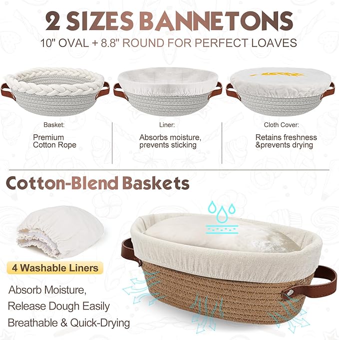 Sourdough Starter Kit Banneton Bread Proofing Basket Set, Dough Whisk, Lame & More Cotton Blend Baking Supplies for Sourdough Bread