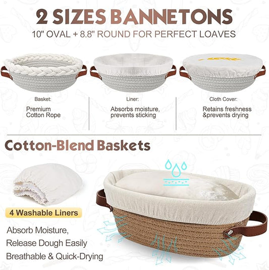 Sourdough Starter Kit Banneton Bread Proofing Basket Set, Dough Whisk, Lame & More Cotton Blend Baking Supplies for Sourdough Bread