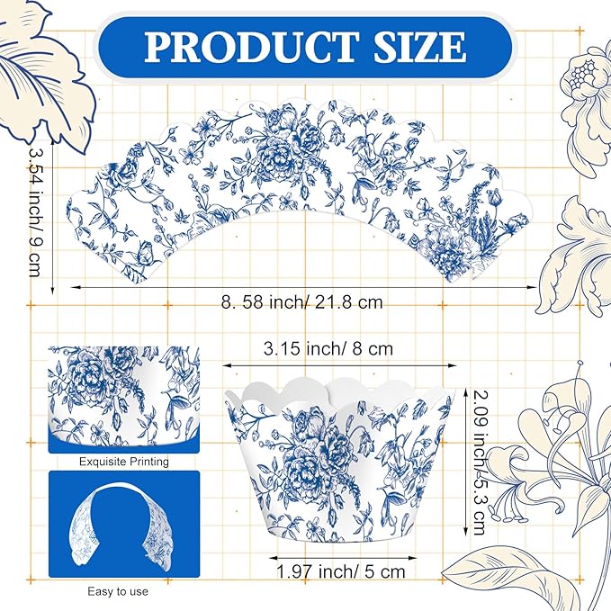 Domensi 100 Pcs Blue Floral Cupcake Wrappers Rustic Cupcake Liners Baking Cups Baking Liners for Wedding Bridal Baby Shower Birthday Party Supplies Dessert Decoration, Blue