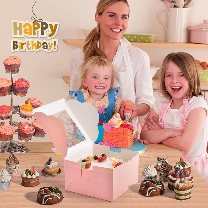 20Pcs 8 Inch Cake Boxes with Window, 8x8x5 Inches Pink Bakery Boxes, Cake Carrier Container for Pastries, Pie, Cookies, Chocolates, Cupcakes, Birthday Party, Wedding
