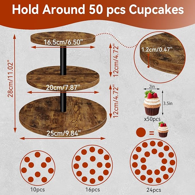 IBUYKE 3 Tier Cupcake Stand,Set of 2,Wood Durable Cupcake Tower,Round Serving Display Stand,Dessert Table Display Tree Tower for Birthday,Home Party, Wedding, Baby Shower,Rustic Brown UTLJ017H-2