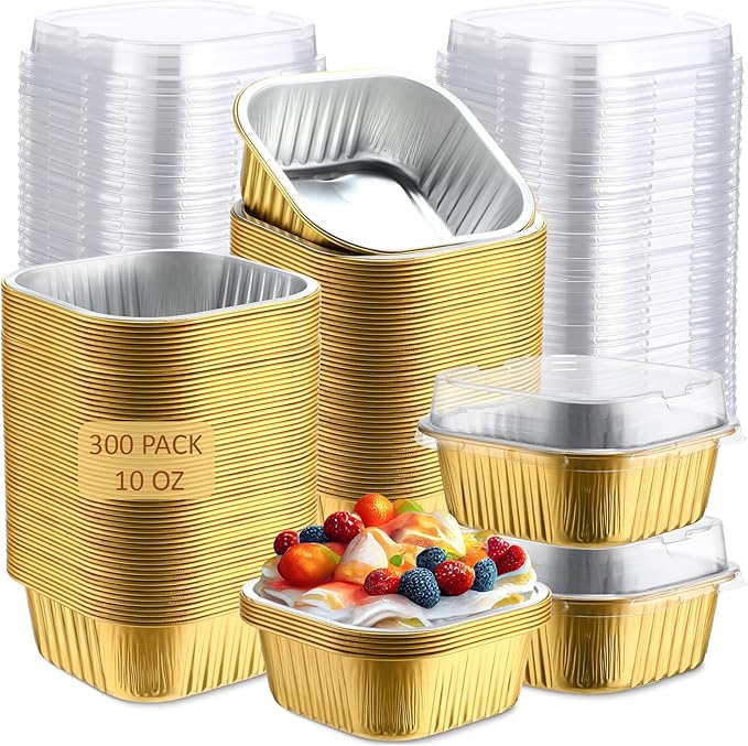 Aoriher 300 Pieces 10 oz Mini Cake Pans with Lids, Aluminum Foil Baking Cups, Square Disposable Cupcake Cups Baking Tins for Wedding Birthday Party Supplies(Yellow, Silver)