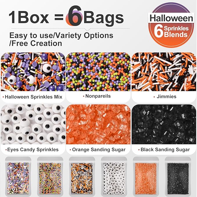 HUEBEATY 6-in-1 Halloween Spooky Sprinkles Edible – 180g Eyeball Candy, Nonpareils, Jimmies, Black and Orange Sugar Sprinkles for Cupcakes, Cookies, Cakes Baking and Decorating – Halloween Edible Topper Decorations