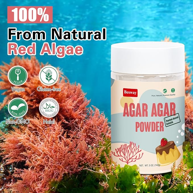 Besway Agar Agar Powder 5 oz, 100% Natural Red Algae, Gelatin Substitute, Vegan Halal Gluten-free, Non-GMO, Sugar-free, Unflavored Plant-based for Cooking Baking, Product of China