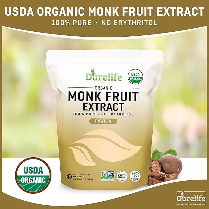 Durelife Organic 100% Pure Monk Fruit sweetener, No Erythritol, Monkfruit Extract Powder, USDA organic NON-GMO Project Verified, Keto Certified, OU kosher No Fillers Zero Calorie Sugar Substitute 5 OZ
