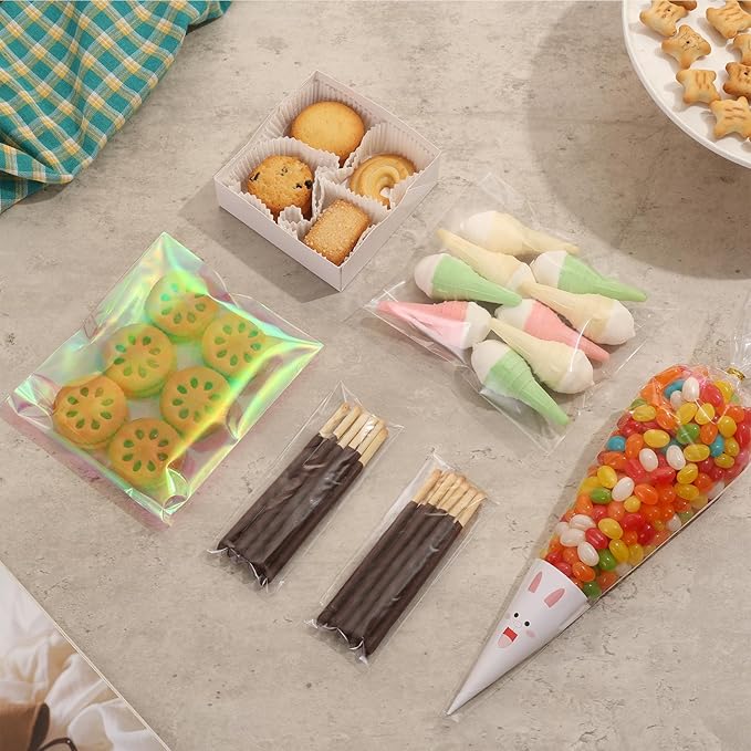 SUREHOME Cookie Bags with Seal 4x4 In Clear Self Sealing Cellophane Bags 100 Pcs Small Sealable Treat Bags Self Adhesive Cookie Packaging Individual Candy Gift Giving Wrappers