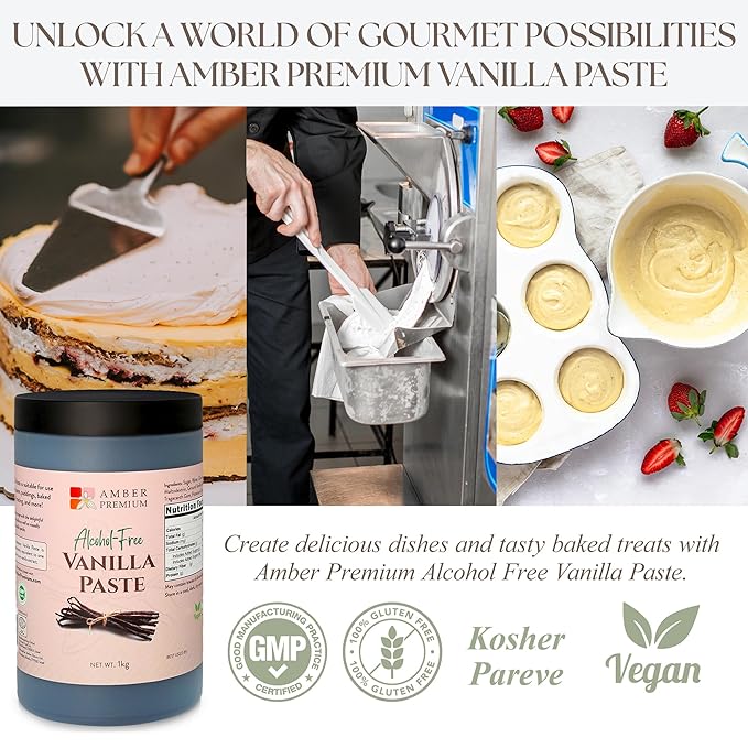Amber Premium Alcohol Free Vanilla Bean Paste 1 kg / 27 fl oz (US) - Made with Authentic Madagascar Vanilla Beans - Vegan, Kosher, Chef Recommended for Baking, Desserts, and Pastries