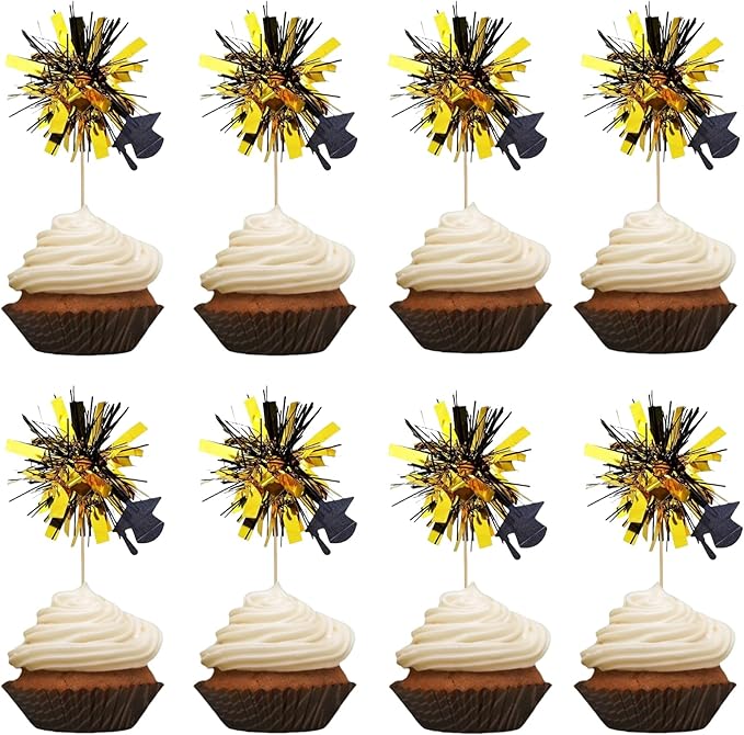 24Pcs Graduation Cupcake Toppers,Class of 2025 Foil Firework Cupcake Toppers Tinsel Food/Appetizer Picks For Graduation CupCake Decorations Supplies Favor