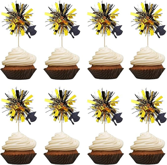24Pcs Graduation Cupcake Toppers,Class of 2025 Foil Firework Cupcake Toppers Tinsel Food/Appetizer Picks For Graduation CupCake Decorations Supplies Favor