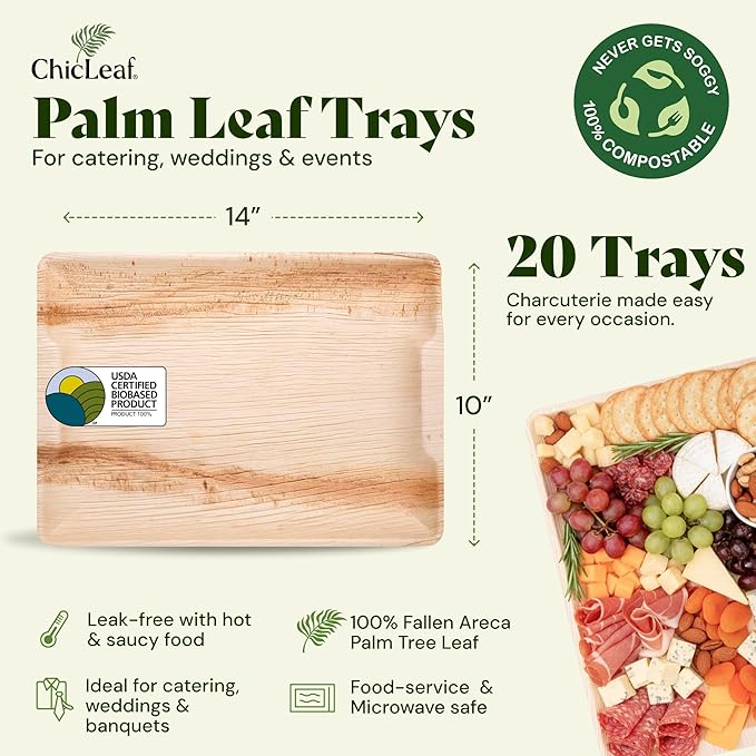 Chic Leaf Oval Palm Leaf Tray - 10" x 14", Pack of 20, Natural - Microwave & Oven Safe for BBQ Trays & Cheese Platter Thanksgiving Dinner Meal