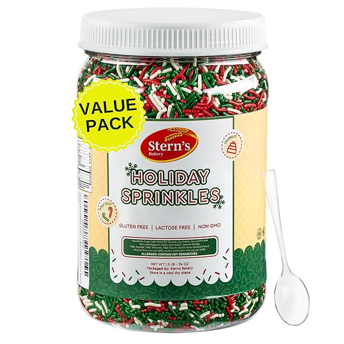 Christmas Sprinkles | 1.5 lb Holiday Jimmies | Red, White & Green Holiday Sprinkles for Baking, Cake Decorating | Dairy & Nut Free | Non-GMO | Stern’s Bakery